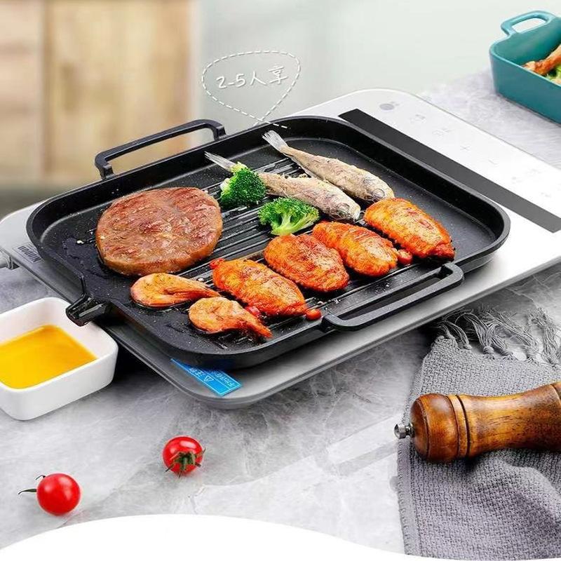 Korean Barbecue Grill Pan Indoor Outdoor Smokeless Cast Aluminum Cooking Skillet Nonstick Plate with Pour, for Gas and Induction