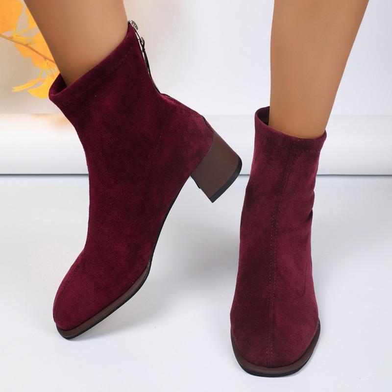 Fashion Solid Color Office High Heels Women's Boot 2024 New Winter Women's Square Toe Suede Ankle Boots Back Zipper Ladies Shoes