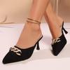 Sexy Close Toe Sandals Women 2025 Summer Gold Metal Decoration Pointed Toe Sandals Mules Women Black Suede High Heels Slippers
