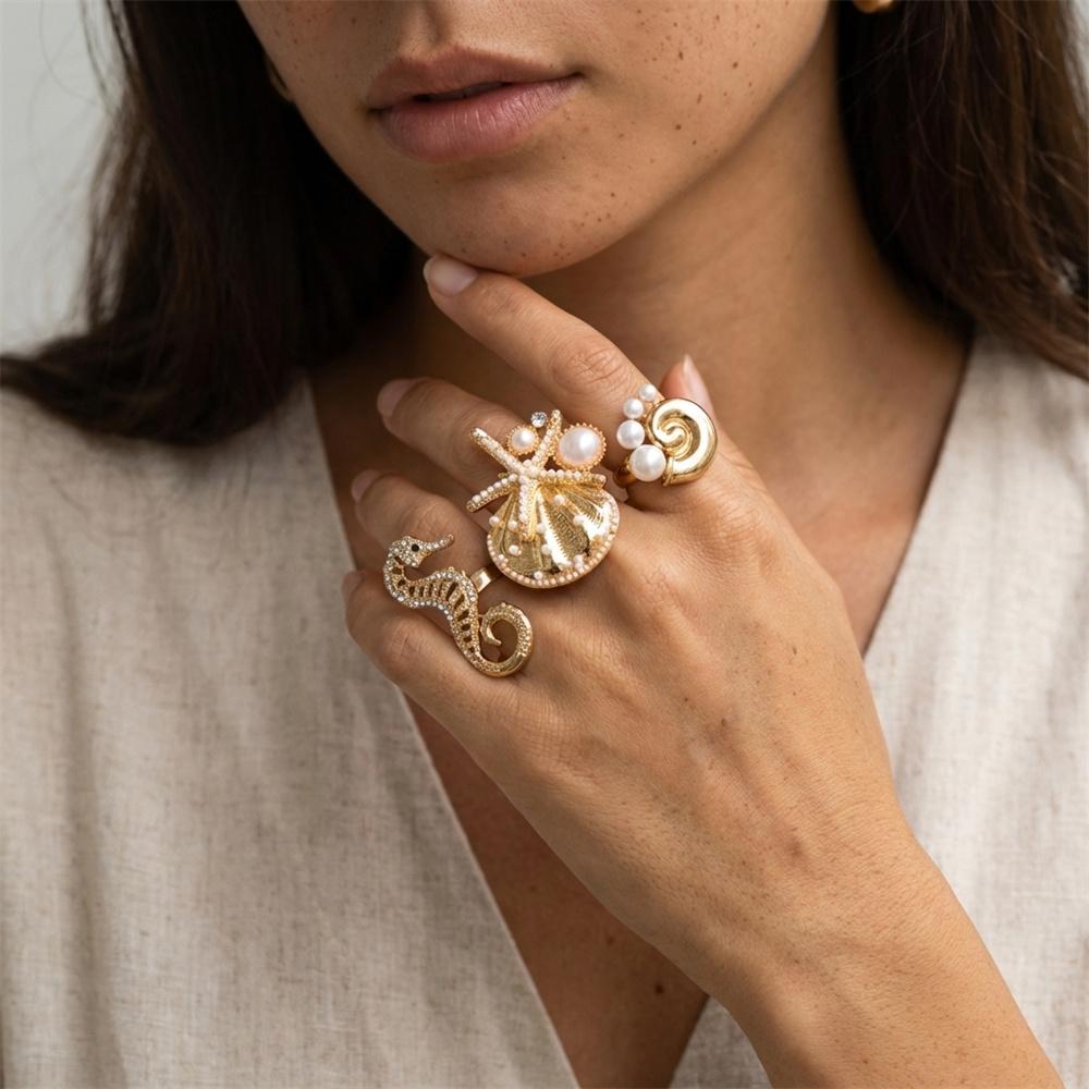 Ocean Style Starfish Seahorse Conch Shell Imitation Pearl Ring 3-Piece Set Creative Exaggerated Beach Vacation Style Ring