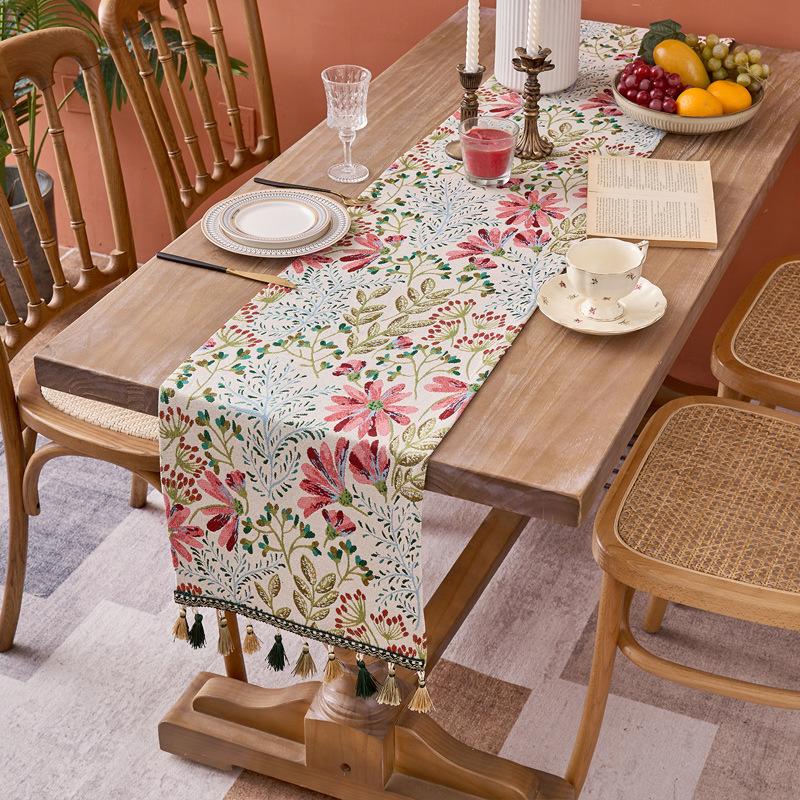 Colorful Flower Jacquard Table Runner with Tassel Kitchen Dining Table Decoration Embroidered Table Runner for Home Party Decor