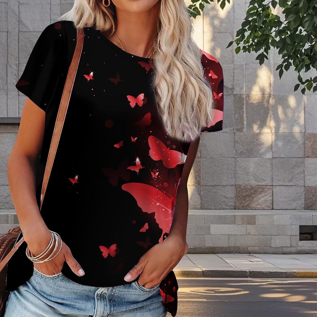 Women Summer T Shirt Butterfly Print Retro Fashion Short Sleeve Tees Casual   Printed  Tops