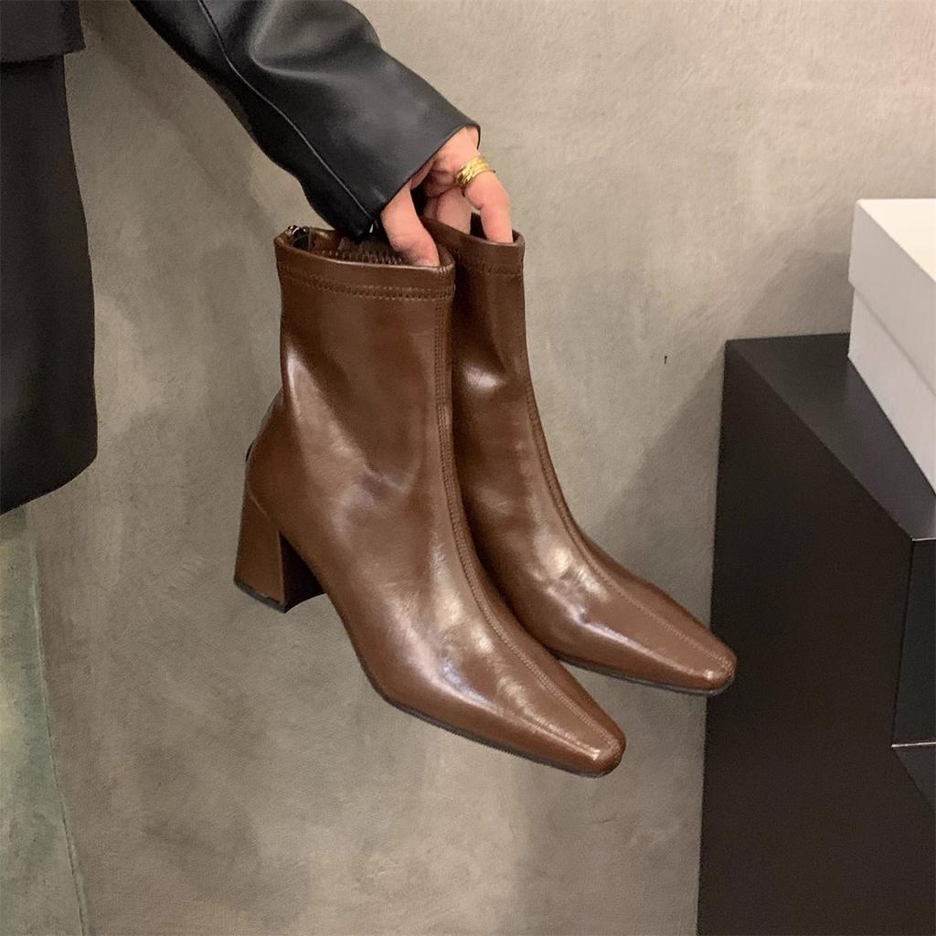 High Heel Square Head Brown Martin Boots Women's Shoes 2025 New Spring and Autumn Single Boots with Skirt French Small Bare Boots Short Boots