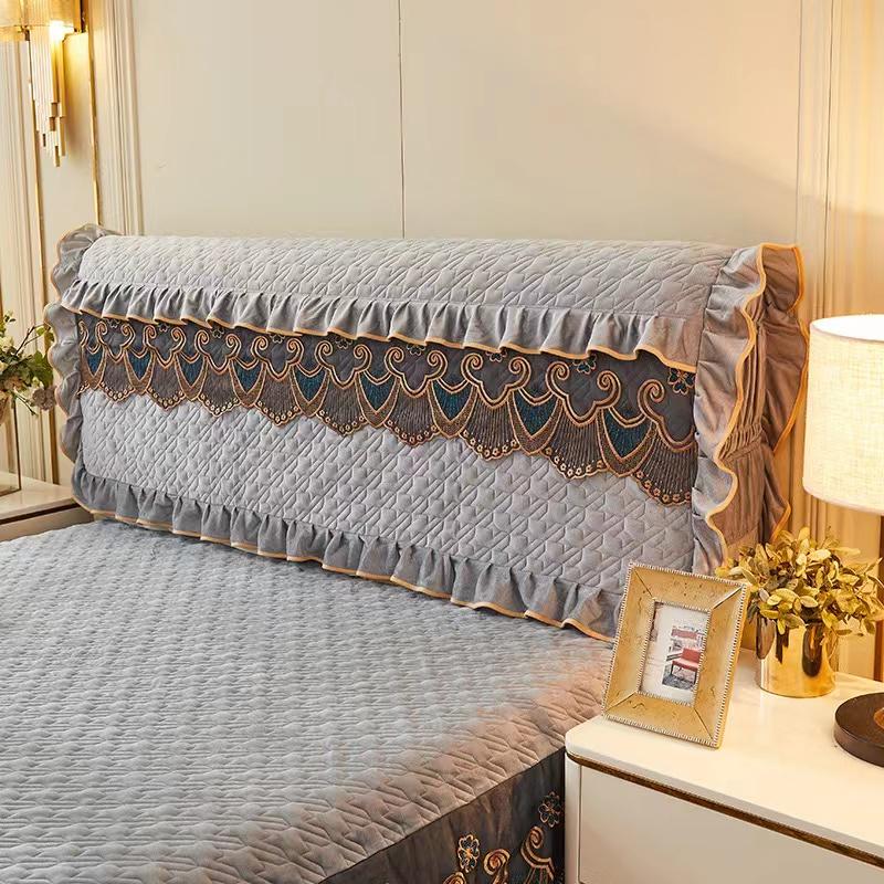 Luxury Fine Flannel Quilted Bed Head Cover Lace Edge Short Plush All-inclusive Headboard Cover Elegant Protective Cover