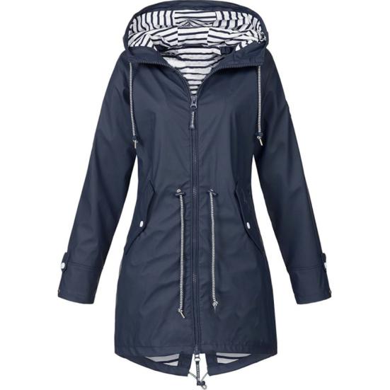

Outdoor Hiking Windproof Solid Color Women Drawstring Hooded Long Jacket Coat
