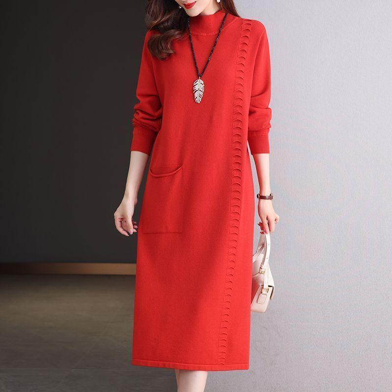 Knitted Dress Knee-length Women's Mid-length Loose Dress Plus-size Sweater Dress Solid-color Casual Half Turtleneck Pullover