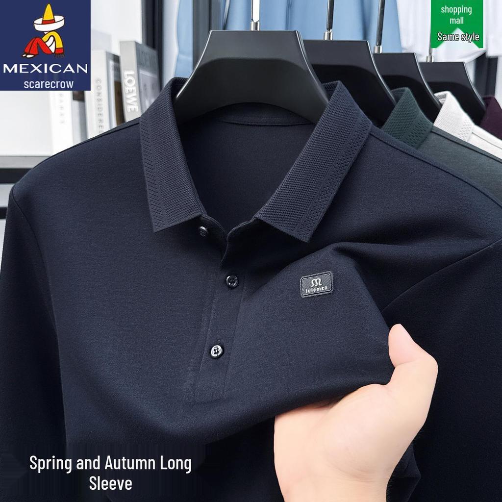 Scarecrow Herren Langarm-Poloshirt, Unifarben, Baumwolle, Lässige lockere Passform für Frühling und Herbst 2025