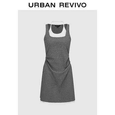 UR2026 Women's Contrast Faux Two-piece Shirred U-neck Dress