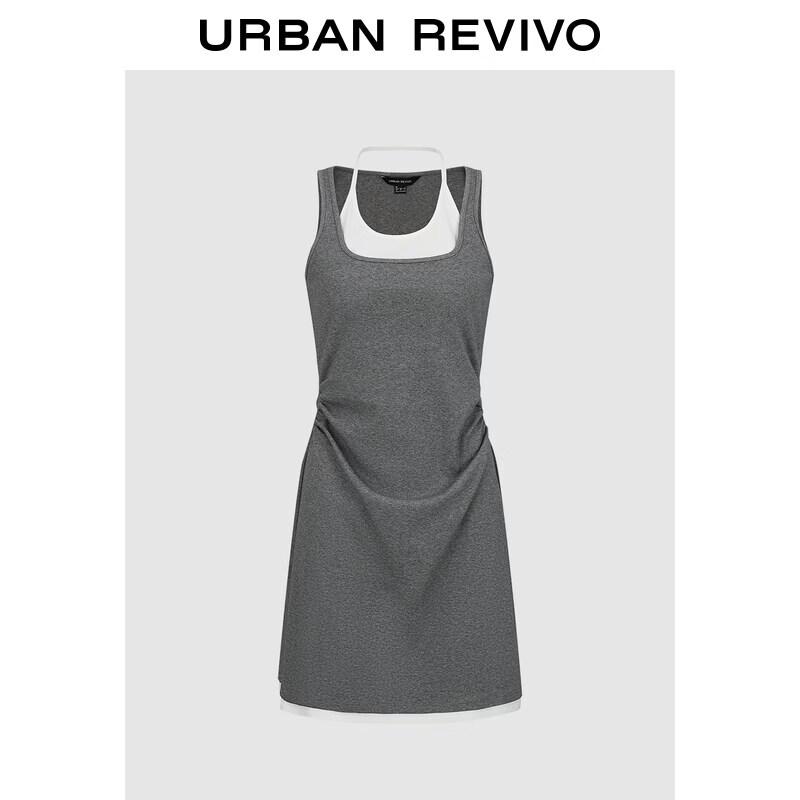 UR2026 Women s Contrast Faux Two-piece Shirred U-neck Dress S
