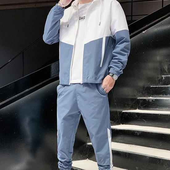 2 Pcs/Set Spring Coat Pants Set Drawstring Hooded Elastic Waist Contrast Color Zipper Warm Young Style Pockets Coat Trousers Suit Jogging Clothes