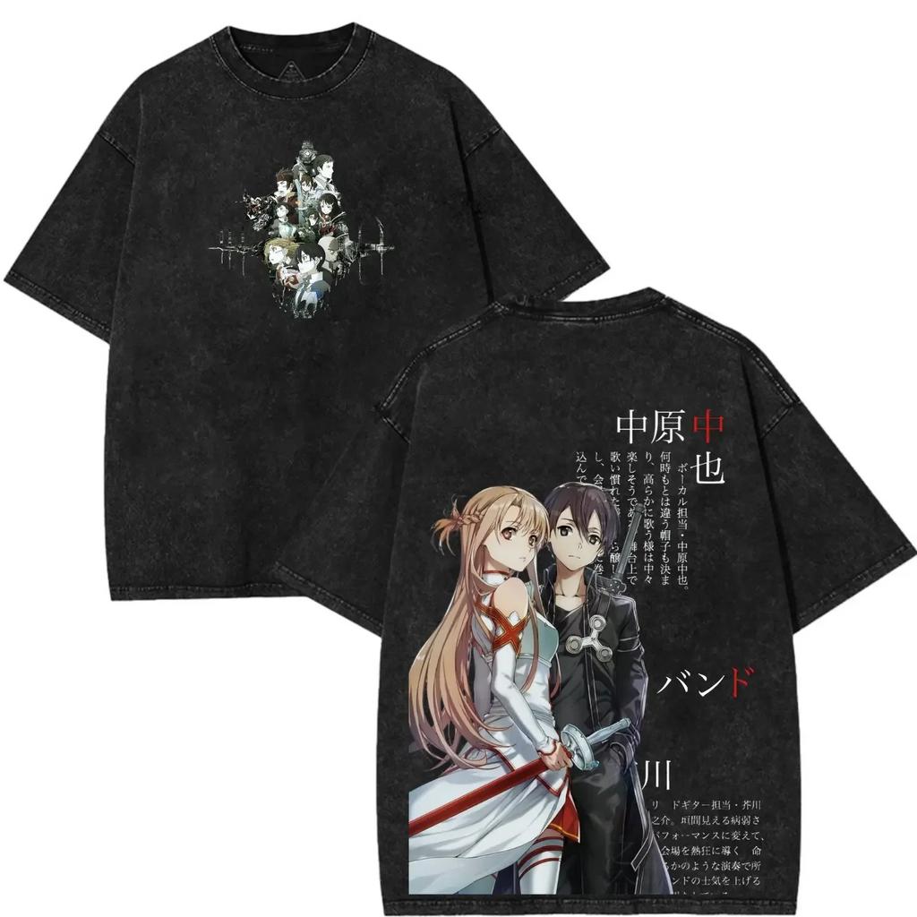 Anime Sword Art Online Graphic Print Tshirt Men Women Retro Washed Cotton Oversized Harajuku Streetwear Fashion Summer New Tee