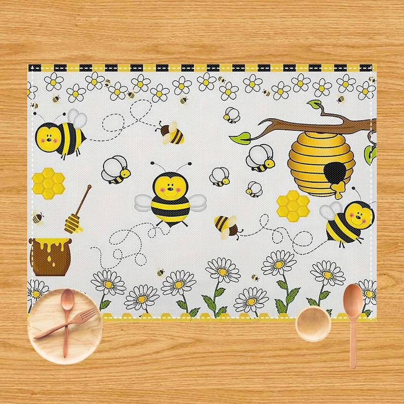 1 Stück Sonnenblumen-Bienen-Platzset Esstisch Sommer-Thema Tischdekoration Leinen Tischgeschirr Untersetzer Küchenzubehör für Kindergeburtstagsparty