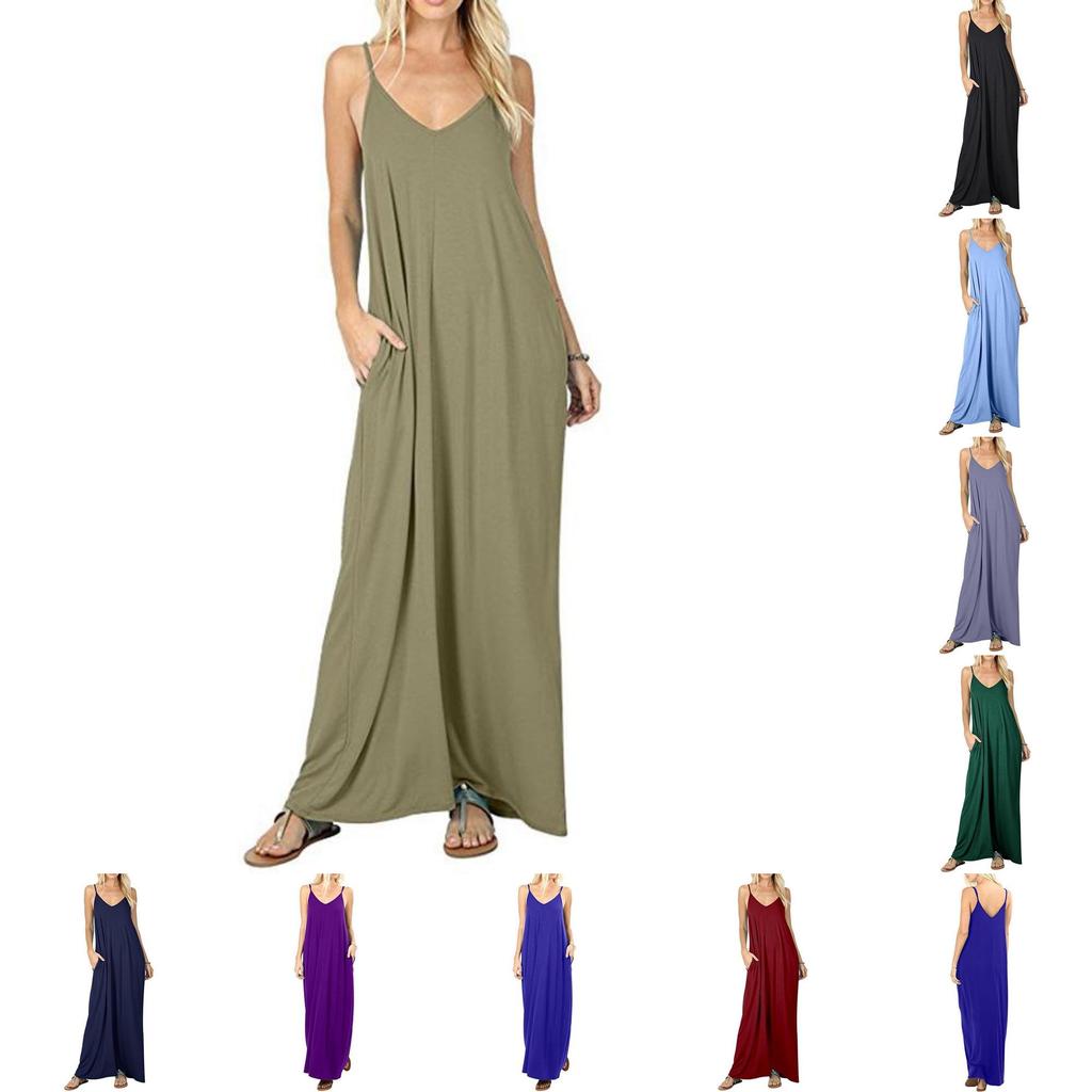 Elegant Women V-neck Long Beachwear Spaghetti Strap Cocktail Maxi Sundress