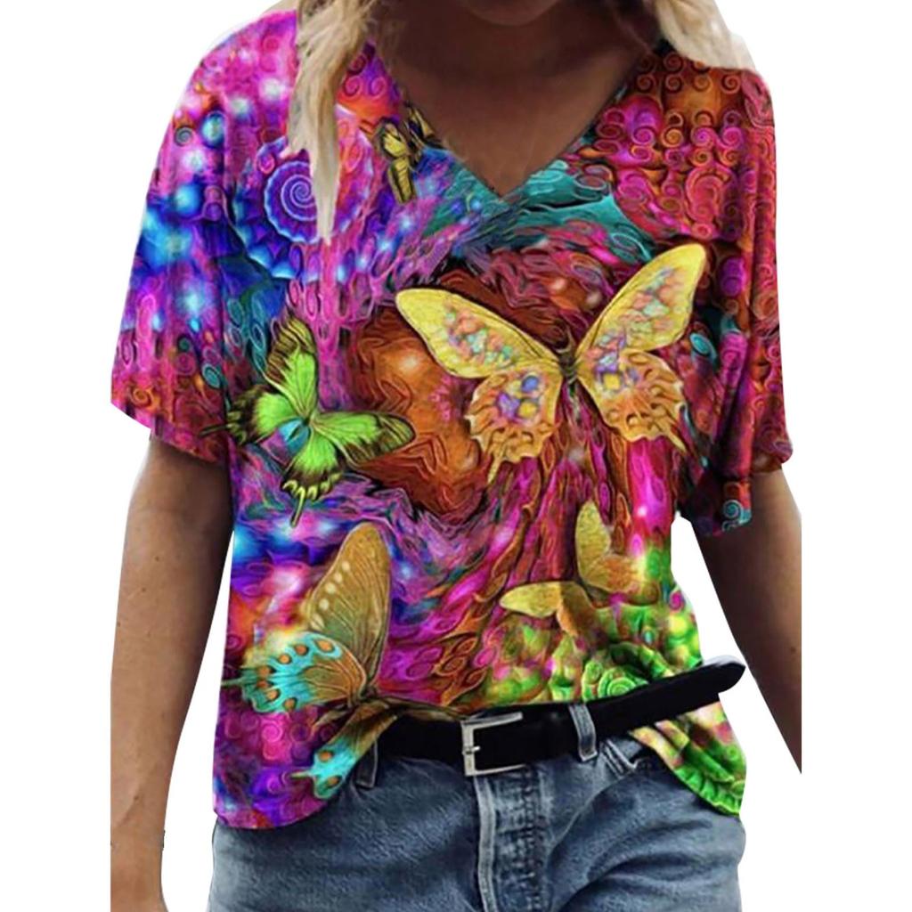 Women Tie-dye  Floral  Printed Colorful  Short Sleeve V Neck  Blouse Tops