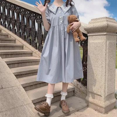 Girls' Summer Doll Collar Dress - Junior High Waist Japanese Style