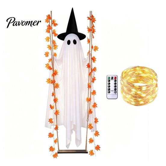 Ornements de Fête d'Halloween Suspendus Balançoire Fantôme Décoration d'Halloween avec Feuille d'Érable, Ornement Lumineux Créatif Aménagement de Festival Hauteur Réglable
