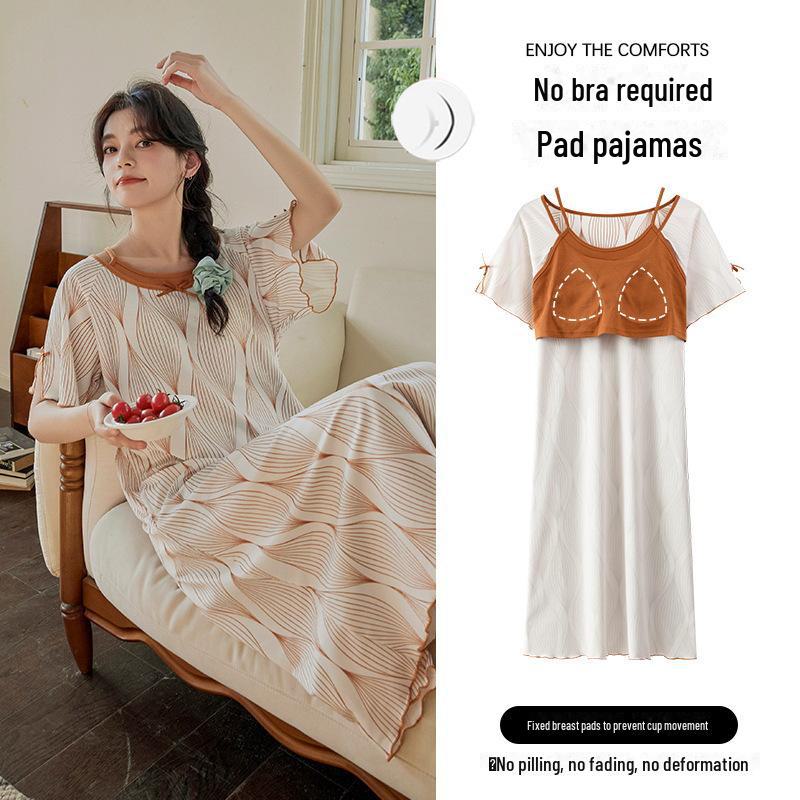 Women's Summer Ice Silk Two-Piece Nightdress with Breast Pads - Short-Sleeved, Sweet, Knee-Length