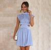 Women Spring Sleeveless Solid Color Slim Short Dress Summer Casual A-Line Stand Collar High Waist Dresses S-XL