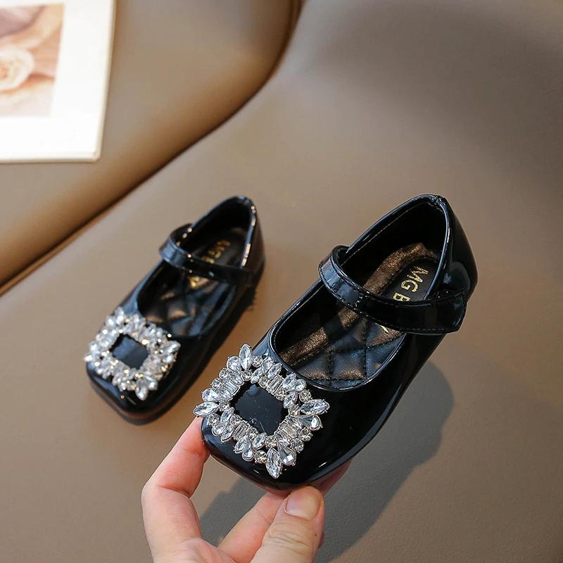 Girls Leather Shoes Chic Korean Style Rhinestones Buckle Little Big Kids Princess Mary Jane Children Fashion Dress Flats Sweet