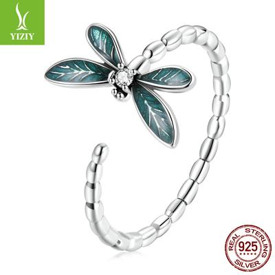 Anello Aperto Libellula Splendida Goccia Blu Fresco Nicchia Anello Insetto Argento S925 Anello