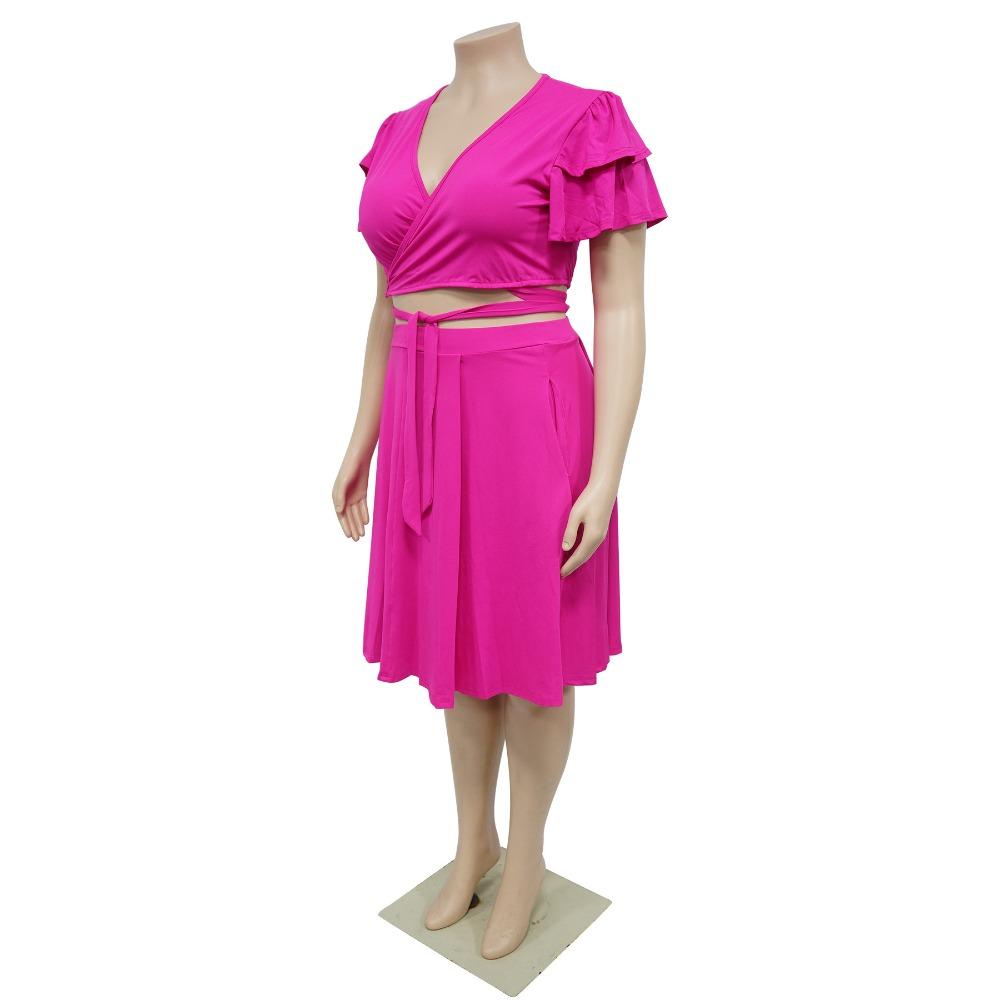 Comfortable Casual Flounce Sleeve Tie Waist Short Skirt Set with Pockets V Neck Plus Size Outfit