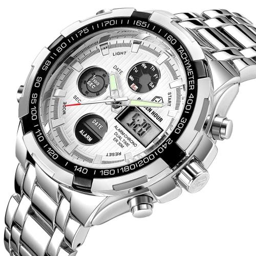 GOLDEN HOUR Luxury Stainless Steel Analog-Digital Watch for Men, Outdoor Sports, Waterproof, Big, Heavy, Silver-White, Digital, Quartz Movement.