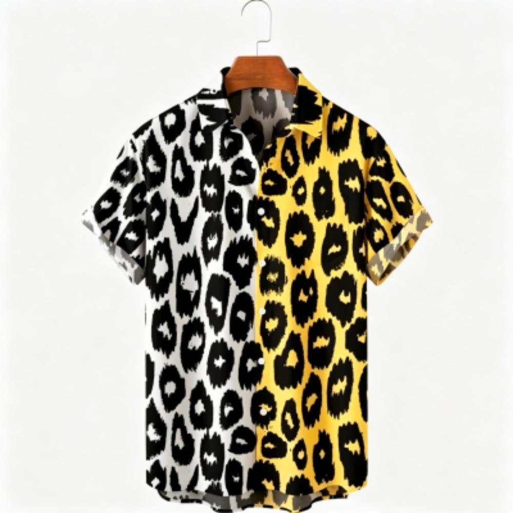 Camicia Estiva Bicolore con Stampa Leopardo Abbigliamento da Vacanza Hawaiana Moda Maschile Camicia Stile Spiaggia Camicia Quotidiana da Uomo e Donna