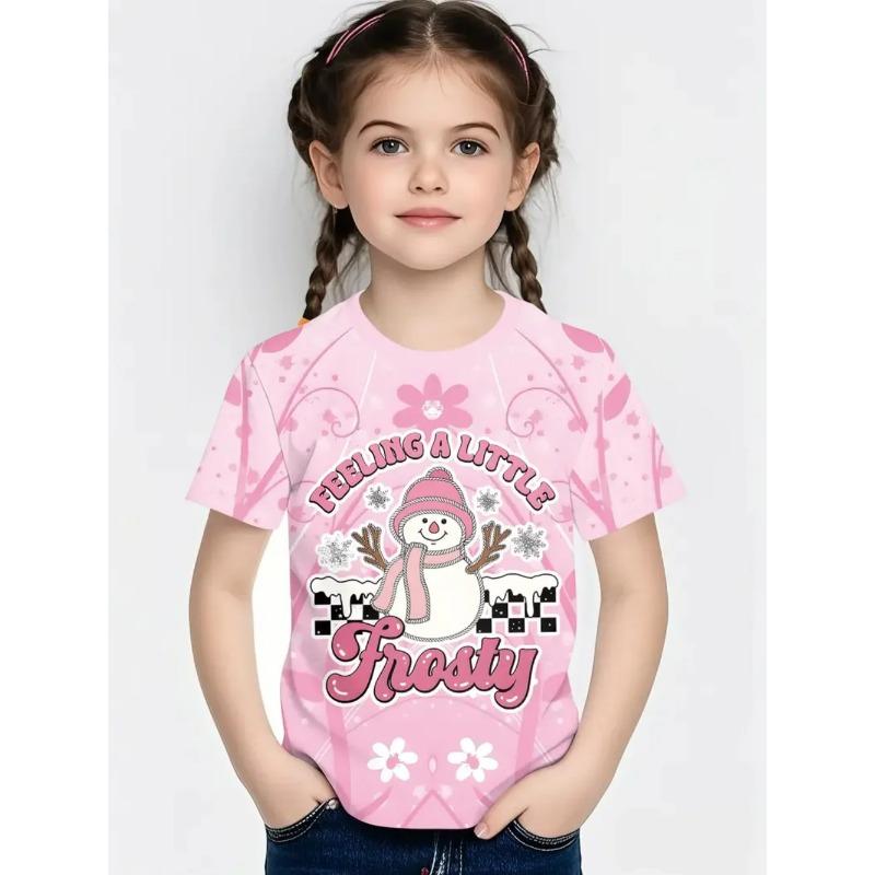 Round Neck 3D Christmas Theme Printed Short Sleeved Children's Girl T-shirts - Soft Medium Stretch Polyester Fabric Summer Relaxed Fit Clothing