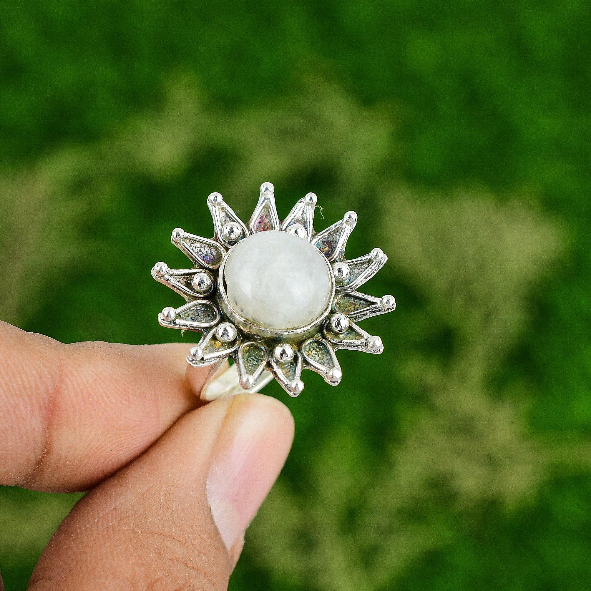 

Распродажа ко Дню матери Кольцо-обещание из стерлингового серебра с натуральным лунным камнем-радугой в форме цветка Adjustable