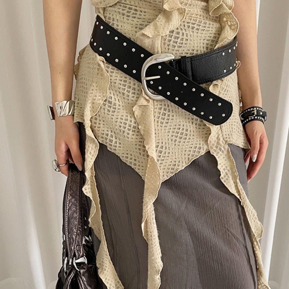 Vintage Women Rivet Belt Y2k Punk Style Belt Adjustable Wide Leather Waistband  Spicy Girls