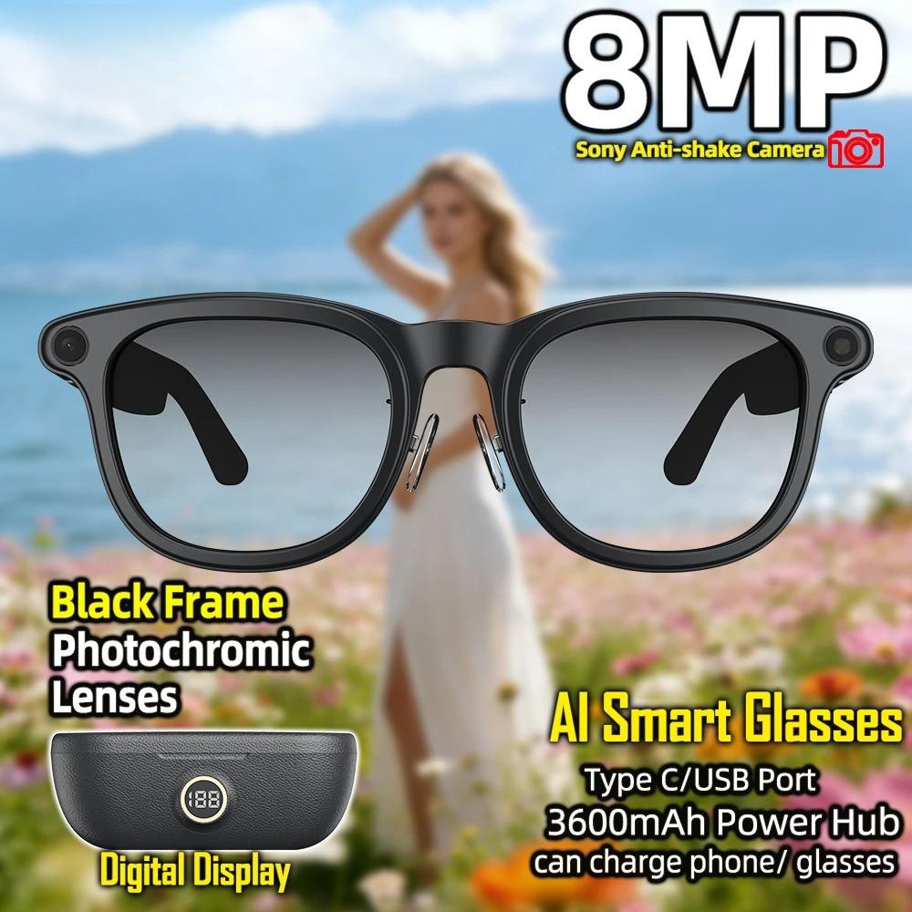 Nuovi Occhiali Intelligenti AI con Fotocamera Anti-shake a 6 Assi da 8MP, Riprese Video 1200P, Lenti Fotocromatiche, Power Bank da 220mAh con Display, Traduzione AI, Riproduzione Musicale