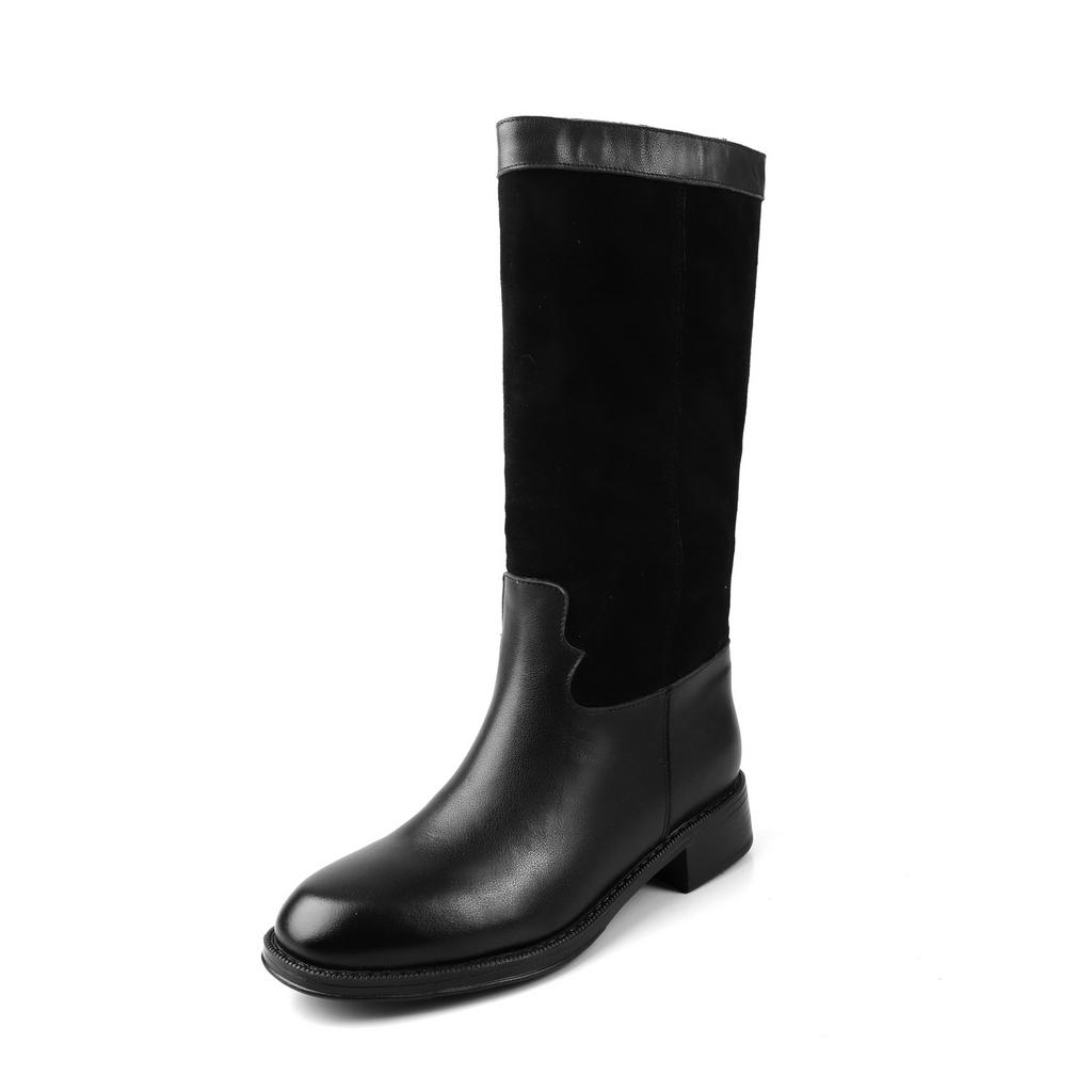 Xiaoxiangfeng Cowhide Splicing Western Cowboy Boots Pointed Head Thick Heel Medium Tube Short Boots One Pedal Knight Boots