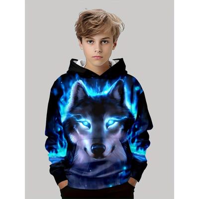 Blue Flame Wolf 3D Print Boys Long Sleeve Hoodie, Stay Stylish And Cozy Sweatshirt - Perfect Spring