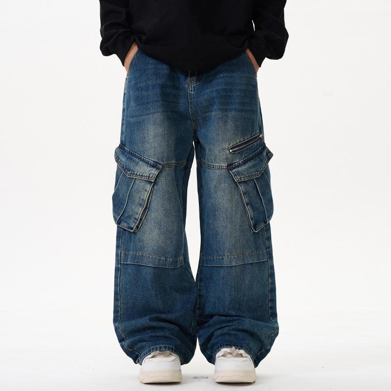American Street Hip-hop Jeans Men's Multi-pocket Design Washable Zipper Wide-leg Pants