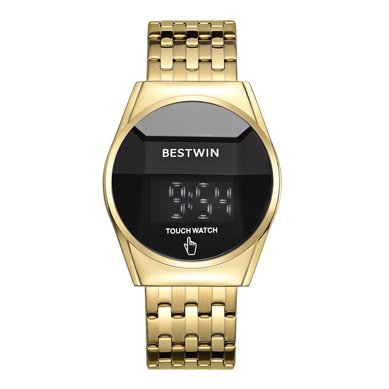 Fashion BestWin Top Brand Men's Led Touchscreen Analog Digital Hybrid Round Dial Casual Dress Full Stainless Steel Watches
