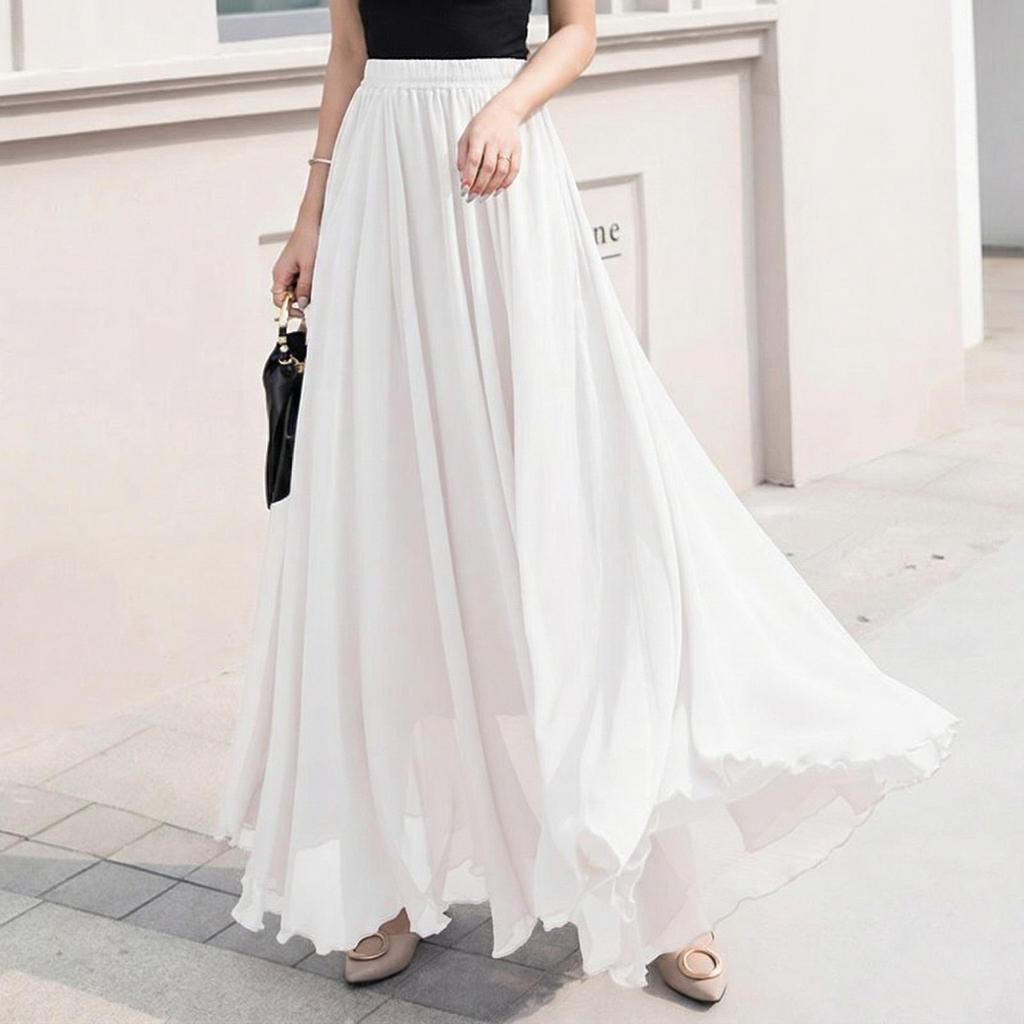 Women's European & American Chiffon High Waist Long Skirt - Solid Color, Spring/Summer Collection.