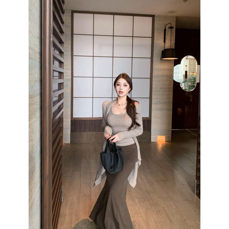 Kumikumi Idle Style Thin Knit cardigan Inner wear Vest Women Autumn Slimming Skirt Long dress Three-Piece Set