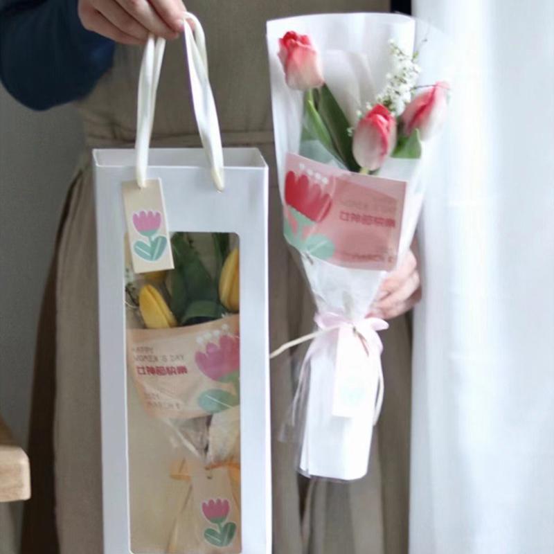 Elegant Single Rose Gift Box 10-Pack Clear Floral Presentation Bags In White Blush Pink for Valentine Weddings Special Occasions