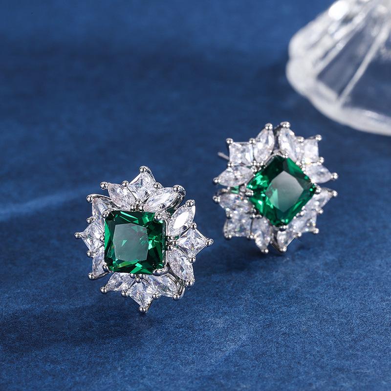 Internet Celebrity Small Fresh Color Treasure Earrings Imitation Color Treasure Square Earrings Low Luxury Diamond Sapphire Earrings Main Stone 8 * 8