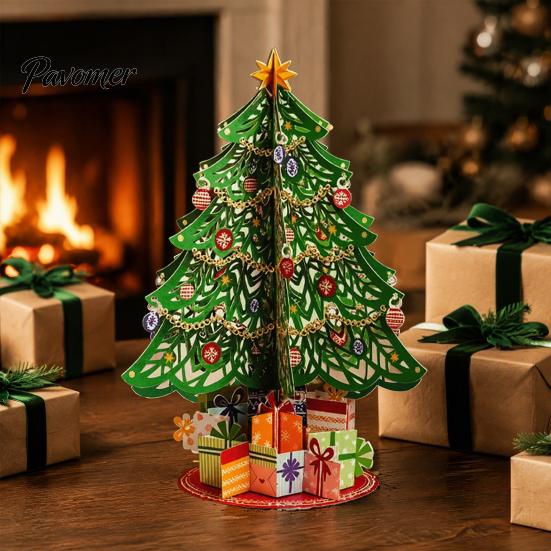 Small Tabletop Holiday Decoration 3D Puzzle Paper Christmas Tree Decoration, Desktop Ornaments Decorated with Star Topper And Gift Box for Home Decor