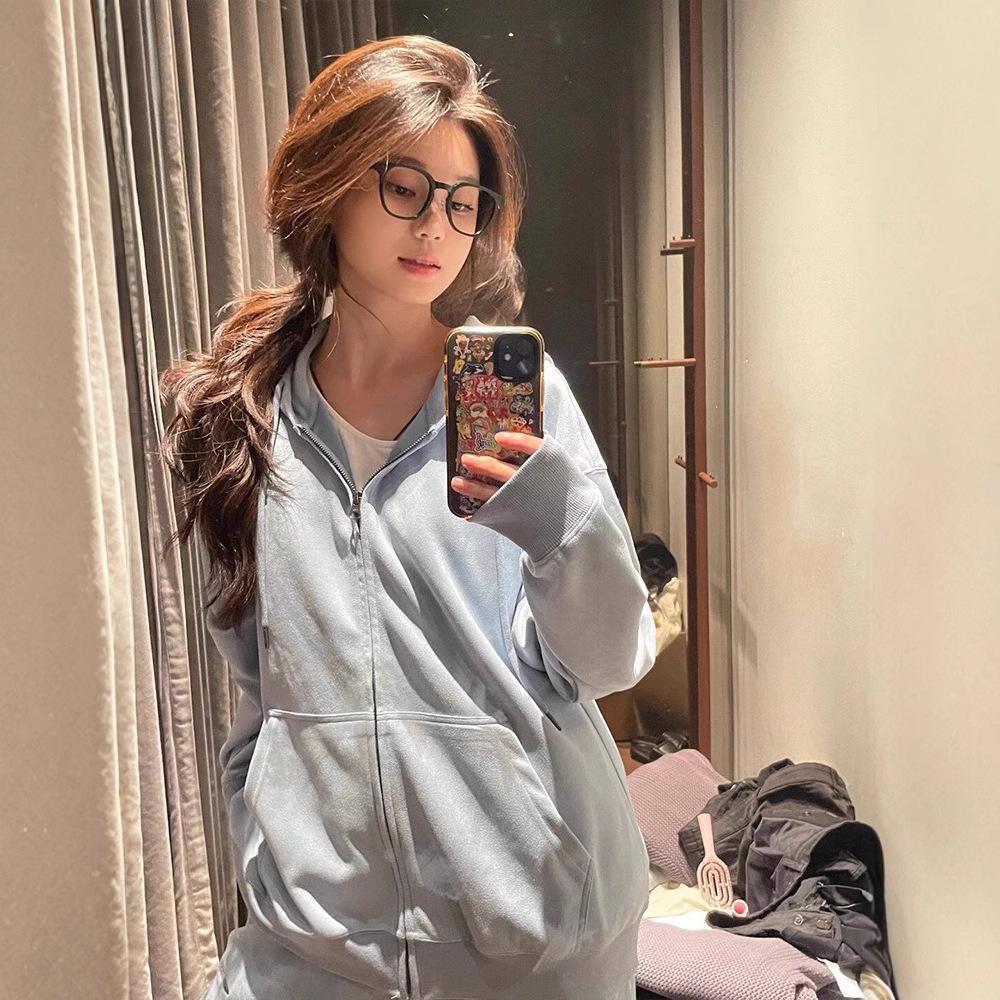 

Женская осенняя толстовка с капюшоном 2024 года, нежного голубого цвета - Свободный, стильный кардиган на молнии XL