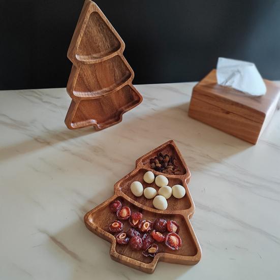 Yousheng Christmas Tree Shaped Wooden Serving Tray Charcuterie Board Compartment Snack Platter for Breakfast Fruits Nuts Holiday Party Home Decor