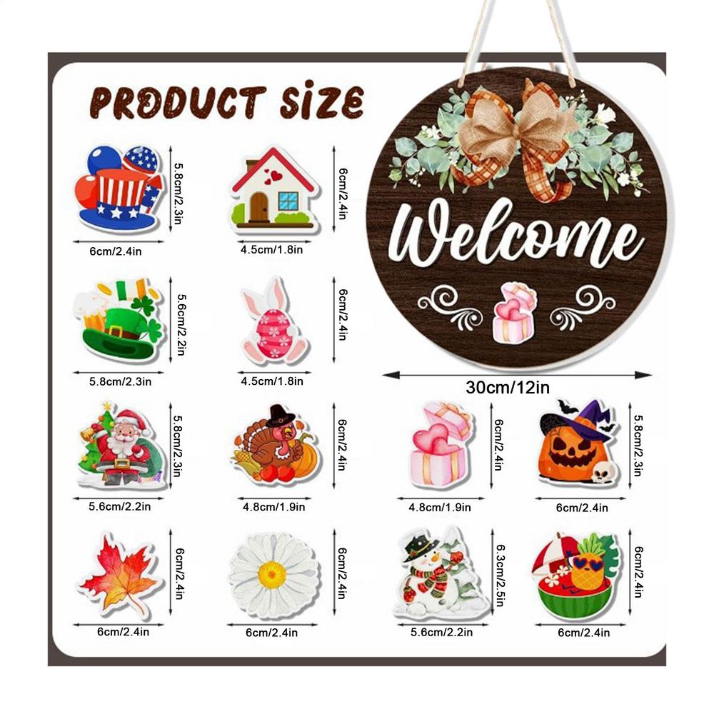 Interchangeable Welcome Sign Door Decoration Pendant 12 Inch Round Wooden Welcome Sign Flower Wreath For Front Porch