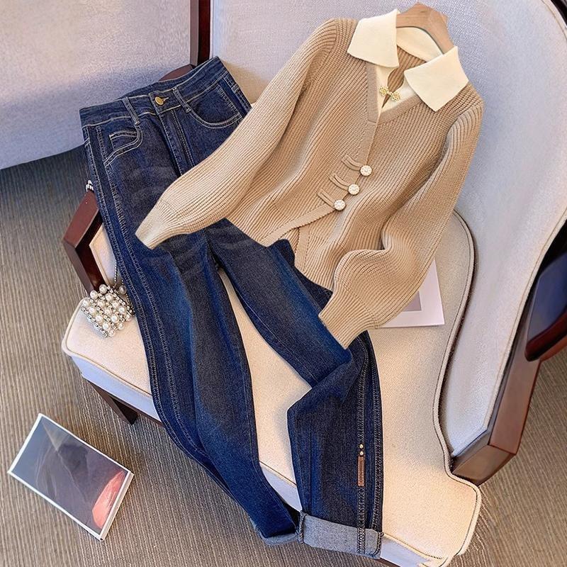 Autumn Design Splicing Two Cardigans Temperament Sweater Knitted Top Versatile Autumn and Winter Coat