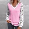 Loose Long Sleeve V Neck Lace Patchwork T Shirt Top Women Casual Tee