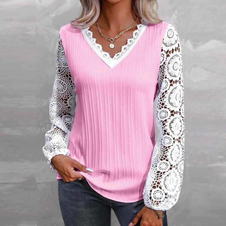 Loose Long Sleeve V Neck Lace Patchwork T Shirt Top Women Casual Tee
