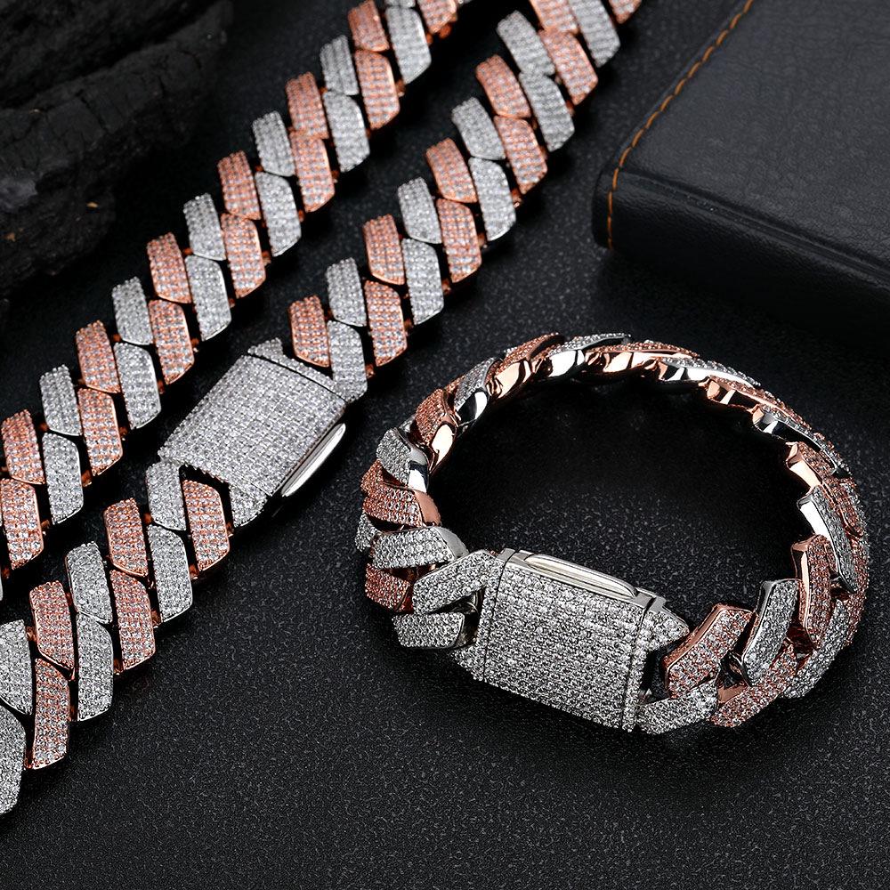 European & American 20mm Rhombus Cuban Link Zirconia Hip Hop Necklace & Bracelet for Men