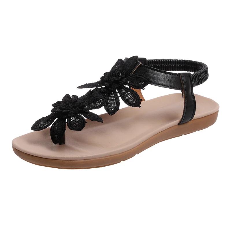 White Floral Sandals Women's Clip Toe Sandals Flat Women Summer Casual Shoes Bohemia Flowers Slip On Beach Ladies Shoes