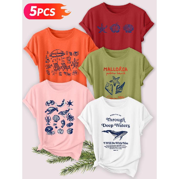Five-piece set Elegant short-sleeved shirt for women Beach vacation series printed round-neck women's short-sleeve shirt suitable for spring and
