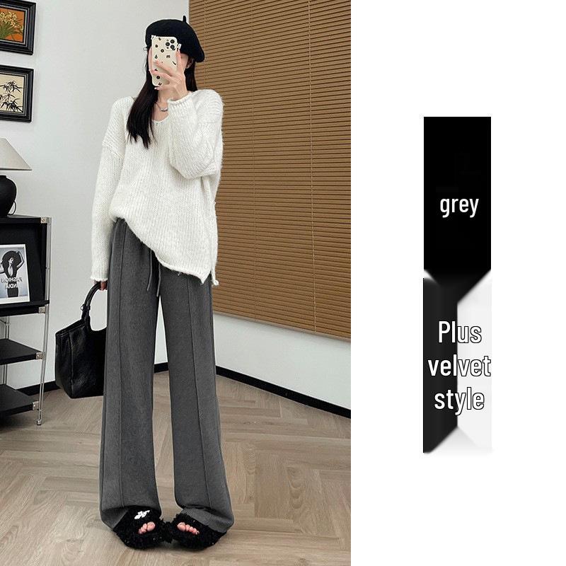 Vlněné kalhoty s vysokým pasem a širokými nohavicemi pro ženy - Plyšové, silné a ležérní na jaro, podzim a zimu